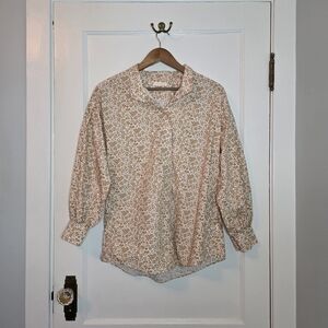 Ann Mashburn 100% Cotton Blouse – Size L - White / Caramel Floral Pattern 